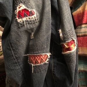 Boyfriend jeans- Sundance catalog. Rolled cuffs. Patches, sashiko hand stitching